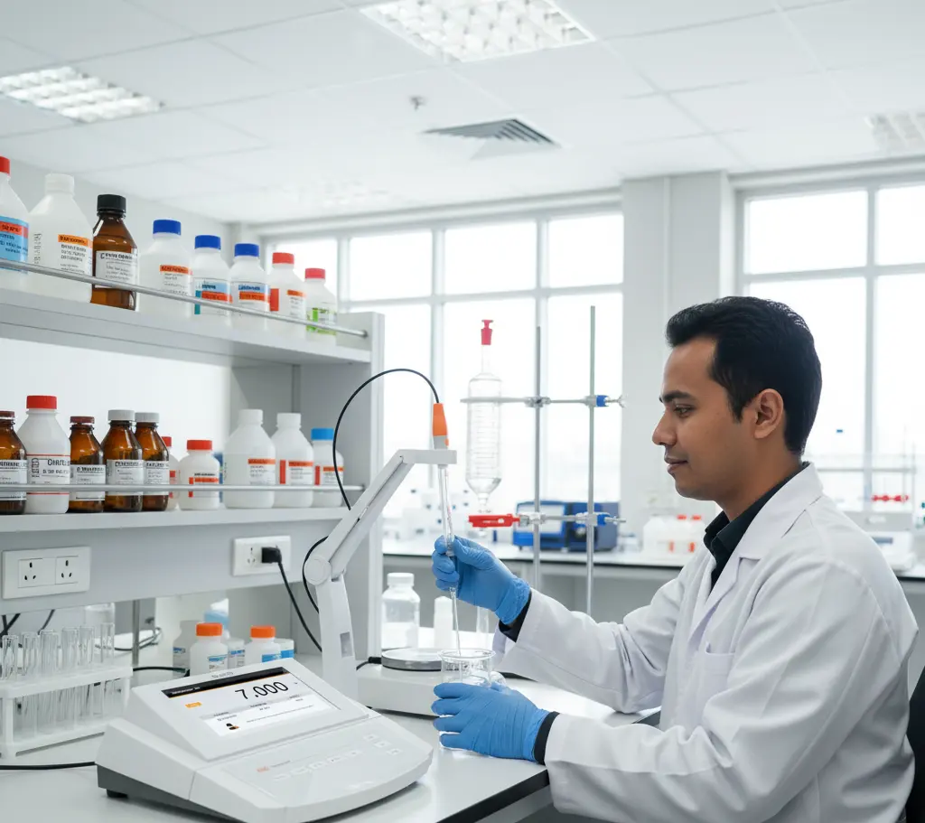 Seorang analis laboratorium Indonesia sedang menggunakan A120-UK Laboratory pH Meter di meja kerja untuk mengukur pH sampel air dalam beaker, dengan elektroda kaca terpasang pada lengan penyangga dan layar digital 7 inci yang menampilkan nilai pH dan suhu.