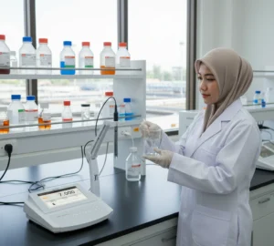 Teknisi laboratorium Indonesia menggunakan A130-CN Laboratory pH/Ion Meter di meja lab untuk mengukur pH dan kesadahan air minum, dengan elektroda terendam dalam beaker sampel dan layar meter menampilkan hasil pengukuran secara jelas.