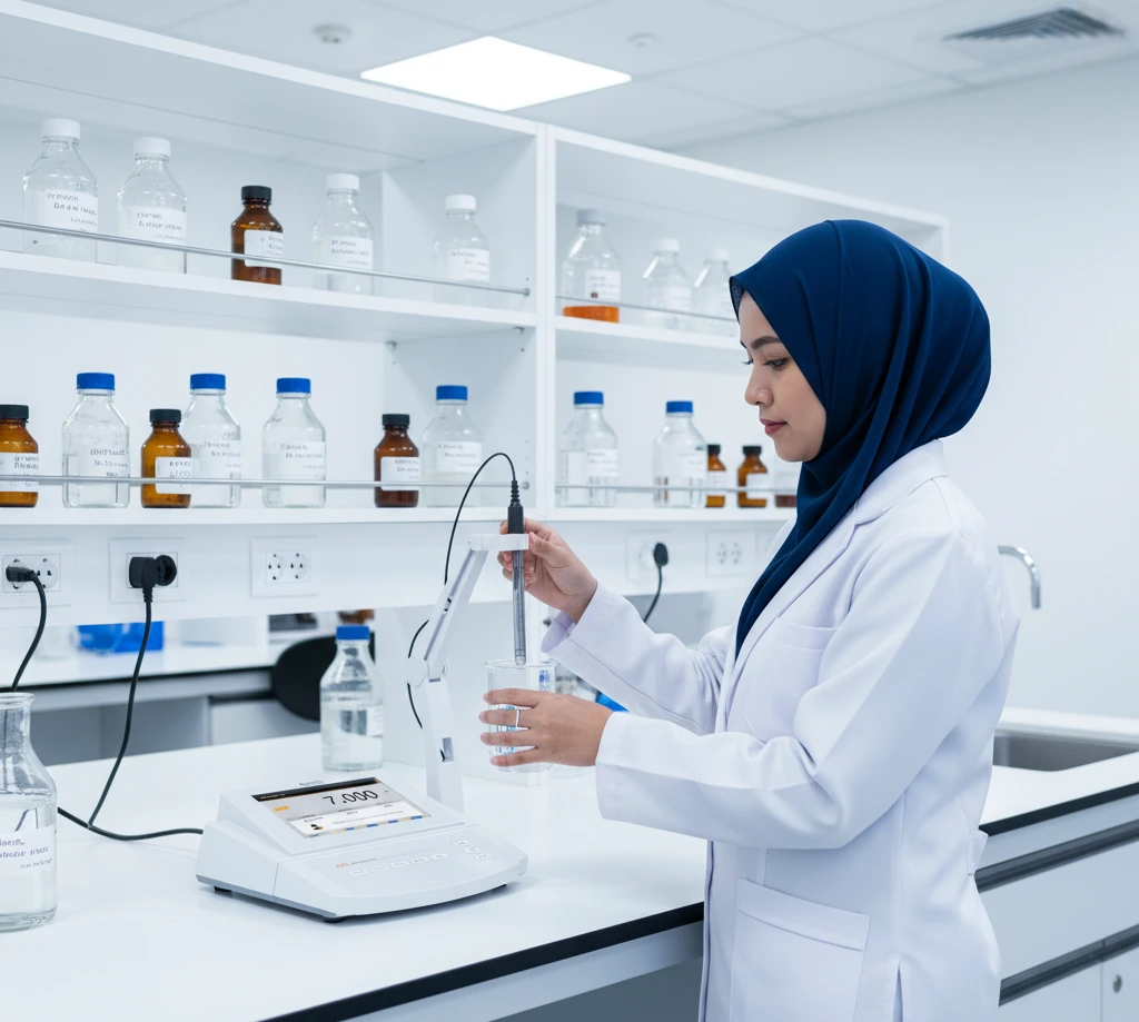 Teknisi laboratorium Indonesia sedang mengukur pH dan kekerasan air dengan A130-UK Laboratory pH/Ion Meter di meja lab, menggunakan elektroda pH yang terpasang pada arm dan layar besar yang menampilkan hasil pengukuran.