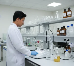 Seorang analis laboratorium Indonesia mengukur konduktivitas dan conductivity ash larutan gula menggunakan meter konduktivitas A150-DH di meja lab QA/QC pabrik minuman dan gula.
