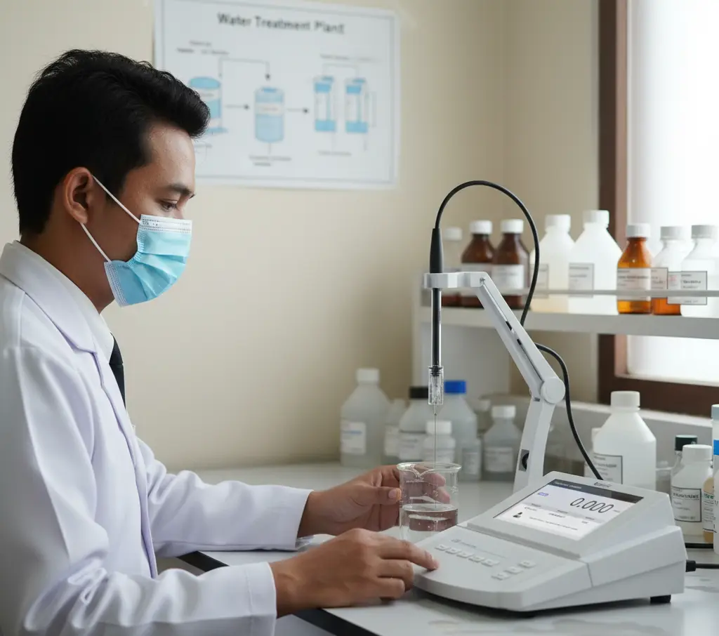 Teknisi laboratorium Indonesia mengoperasikan A150-S Laboratory Conductivity/TDS/Salinity/Conductivity Ash Meter untuk menguji konduktivitas dan TDS sampel air di meja laboratorium.