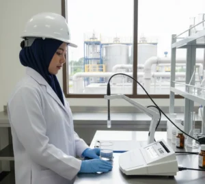 Analis laboratorium Indonesia sedang mengukur konduktivitas sampel air menggunakan A151-DH Laboratory Conductivity/TDS/Salinity/Resistivity Meter di meja laboratorium pengolahan air.
