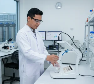 Teknisi laboratorium Indonesia sedang mengukur konduktivitas air menggunakan A151-DL dengan elektroda konduktivitas terpasang pada beaker sampel.