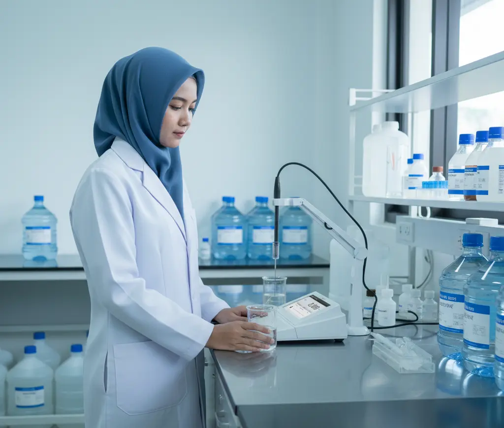 Teknisi laboratorium Indonesia sedang mengukur konduktivitas air menggunakan A151-S Laboratory Conductivity/TDS/Salinity/Resistivity Meter di meja WTP.