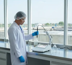 Teknisi laboratorium Indonesia mengoperasikan A180 Laboratory DO/BOD/OUR/SOUR Meter di meja lab untuk mengukur dissolved oxygen sampel air limbah.