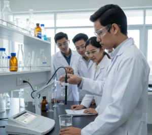 Mahasiswa Indonesia sedang mengukur dissolved oxygen dengan A181 Laboratory Dissolved Oxygen Meter di laboratorium kampus.