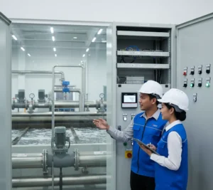 Teknisi Indonesia memeriksa panel kontrol berisi BI-620 Industrial Online pH Controller di instalasi pengolahan air limbah, dengan latar bak aerasi dan pipa industri.