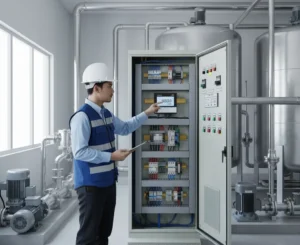 Teknisi Indonesia memeriksa panel BI-650-H industrial conductivity controller di instalasi pengolahan air modern.
