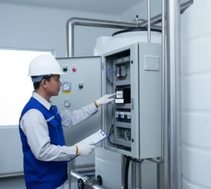 Teknisi Indonesia memeriksa panel pengolahan air dengan controller konduktivitas BI-650-M yang menampilkan nilai konduktivitas dan suhu secara real-time.