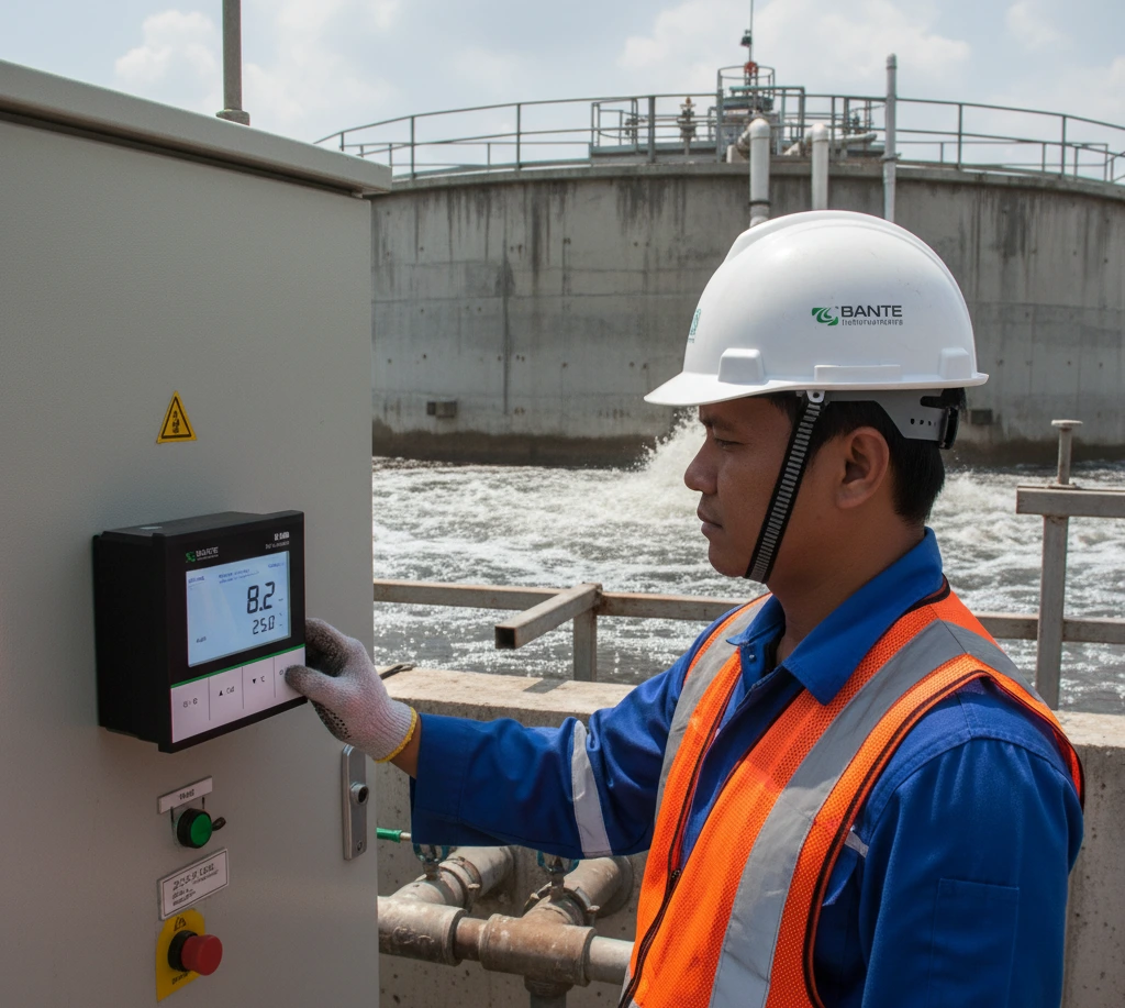 Teknisi Indonesia mengoperasikan BI-680 Online Dissolved Oxygen Controller pada panel kontrol di instalasi pengolahan air limbah dengan latar kolam aerasi.