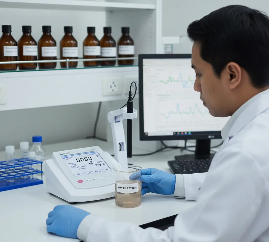 Analis laboratorium Indonesia mengoperasikan Bante931-NH4 benchtop ammonium ion meter untuk mengukur konsentrasi amonium pada sampel air limbah di laboratorium pengolahan air.