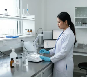 Analis laboratorium Indonesia mengukur kadar nitrat air menggunakan Bante931 Benchtop Nitrate Ion Meter di meja lab pengolahan air minum.