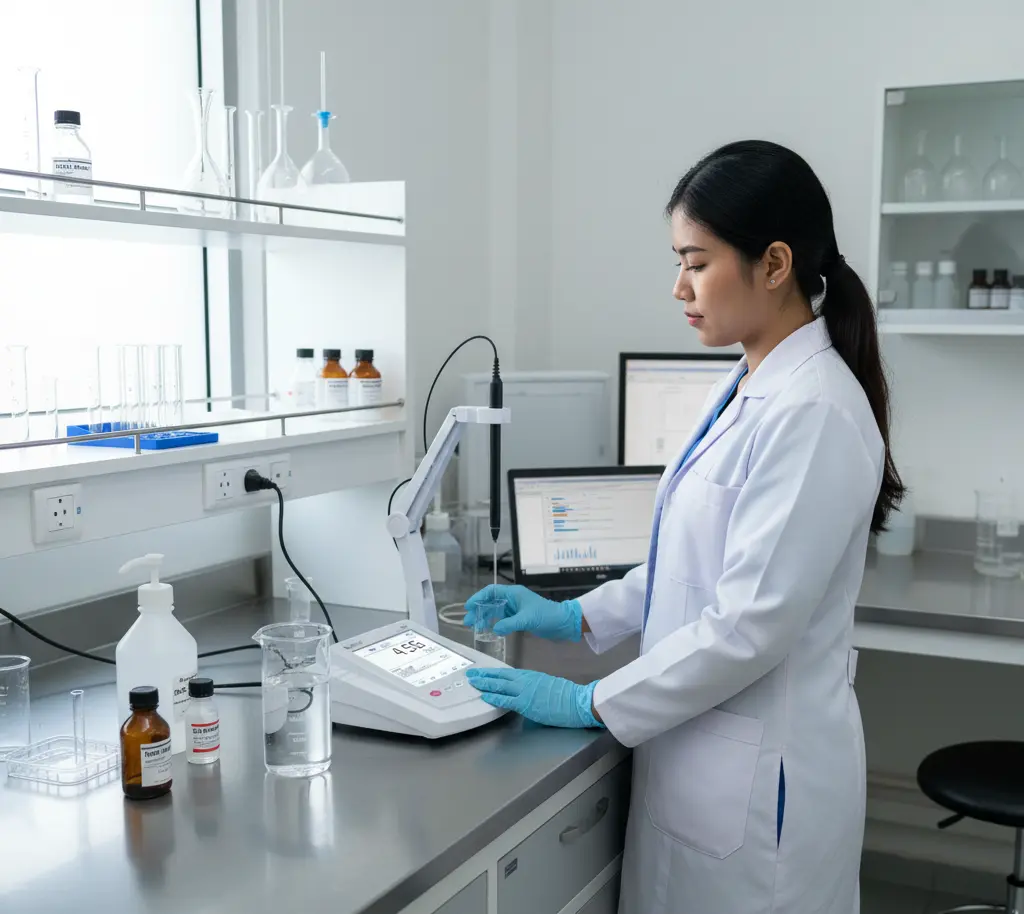 Analis laboratorium Indonesia mengukur kadar nitrat air menggunakan Bante931 Benchtop Nitrate Ion Meter di meja lab pengolahan air minum.