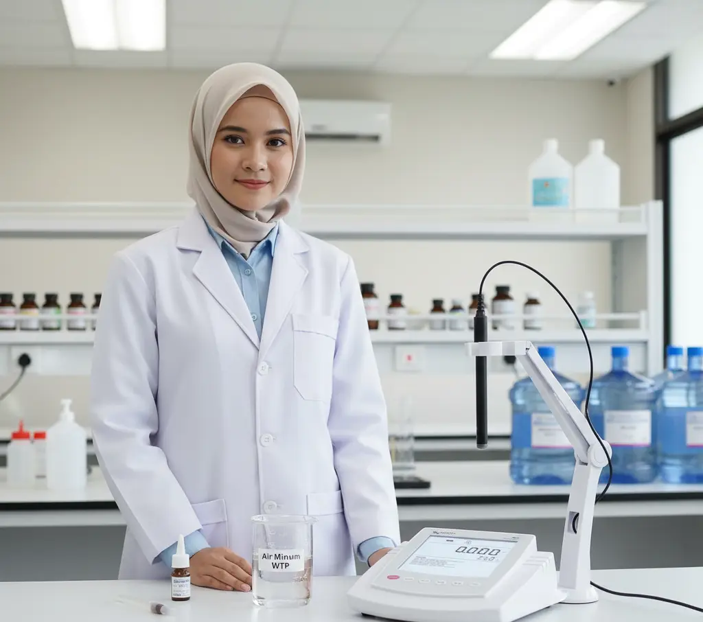 Analis laboratorium Indonesia menggunakan Bante931-Pb Benchtop Lead Ion Meter untuk mengukur kadar timbal pada sampel air minum di meja lab.