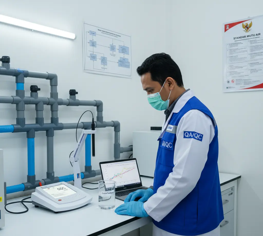 Teknisi laboratorium Indonesia sedang mengukur kekerasan air dengan Bante932 Benchtop Water Hardness Meter di meja lab pengolahan air minum.