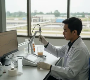 Analis laboratorium di Indonesia sedang mengukur konduktivitas dan TDS sampel air limbah industri menggunakan Bante950-DH benchtop conductivity/TDS/salinity meter di meja laboratorium.