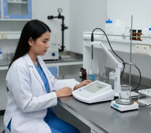 Analis laboratorium Indonesia sedang menggunakan Bante950-DL Benchtop Conductivity Meter untuk pengukuran air berkonduktivitas rendah.