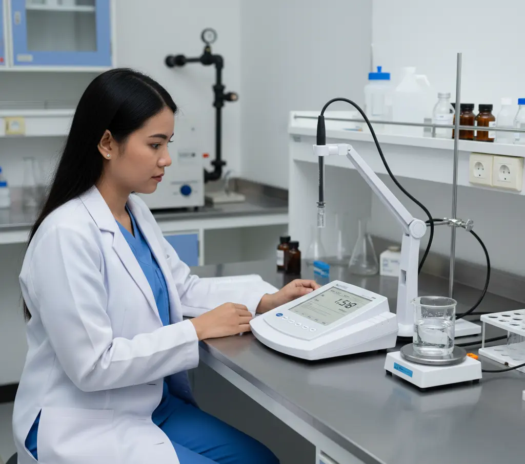 Analis laboratorium Indonesia sedang menggunakan Bante950-DL Benchtop Conductivity Meter untuk pengukuran air berkonduktivitas rendah.