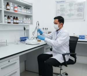 Analis laboratorium Indonesia menggunakan Bante950-S benchtop conductivity/TDS/salinity meter untuk mengukur kualitas air proses di instalasi pengolahan air.