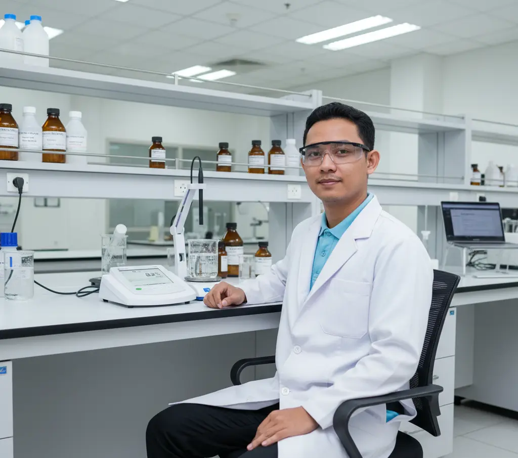 Teknisi laboratorium Indonesia menggunakan Bante980 Benchtop Dissolved Oxygen Meter untuk mengukur oksigen terlarut pada sampel air.