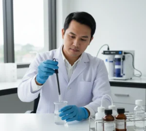 Analis laboratorium Indonesia mengukur konduktivitas air murni menggunakan elektroda konduktivitas CON-0.1 yang terhubung ke meter di meja lab.