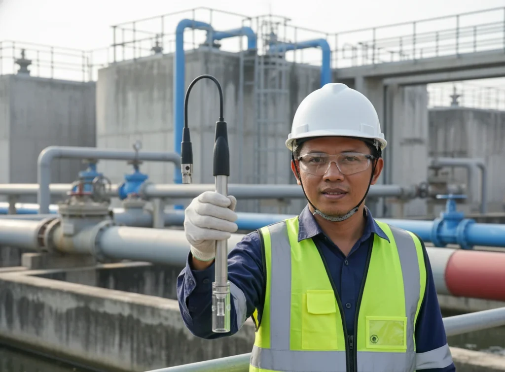 Teknisi Indonesia di instalasi pengolahan air sedang mengukur konduktivitas sampel menggunakan conductivity meter portabel dengan elektroda konduktivitas CON-1.