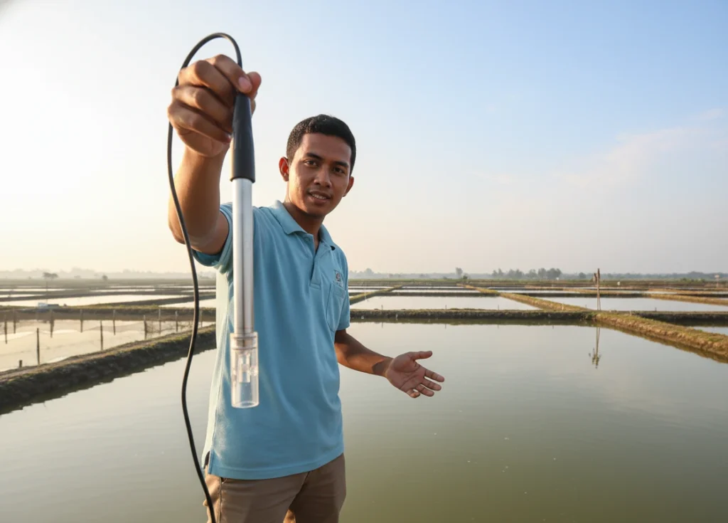 Teknisi Indonesia mengukur konduktivitas air tambak udang dengan meter portabel dan elektroda konduktivitas CON-10 di pinggir kolam air payau.