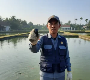 Teknisi Indonesia mengukur oksigen terlarut di kolam ikan menggunakan elektroda DO dengan membrane cap DO-MEM untuk memastikan kadar DO tetap aman bagi budidaya.