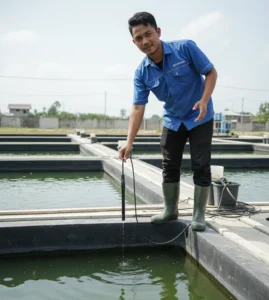 Teknisi menggunakan elektroda oksigen terlarut DO100 di kolam budidaya ikan