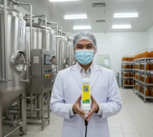 Operator QA Indonesia mengukur oksigen terlarut sampel minuman fermentasi di pabrik menggunakan DOscan10 Pocket Dissolved Oxygen Tester di depan tangki stainless.