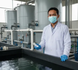 Teknisi Indonesia sedang mengukur konduktivitas air limbah menggunakan ECscan30 dengan elektroda E-ECSCAN-C1-10K di instalasi pengolahan air, sebagai ilustrasi penggunaan elektroda konduktivitas presisi untuk kontrol kualitas air industri.