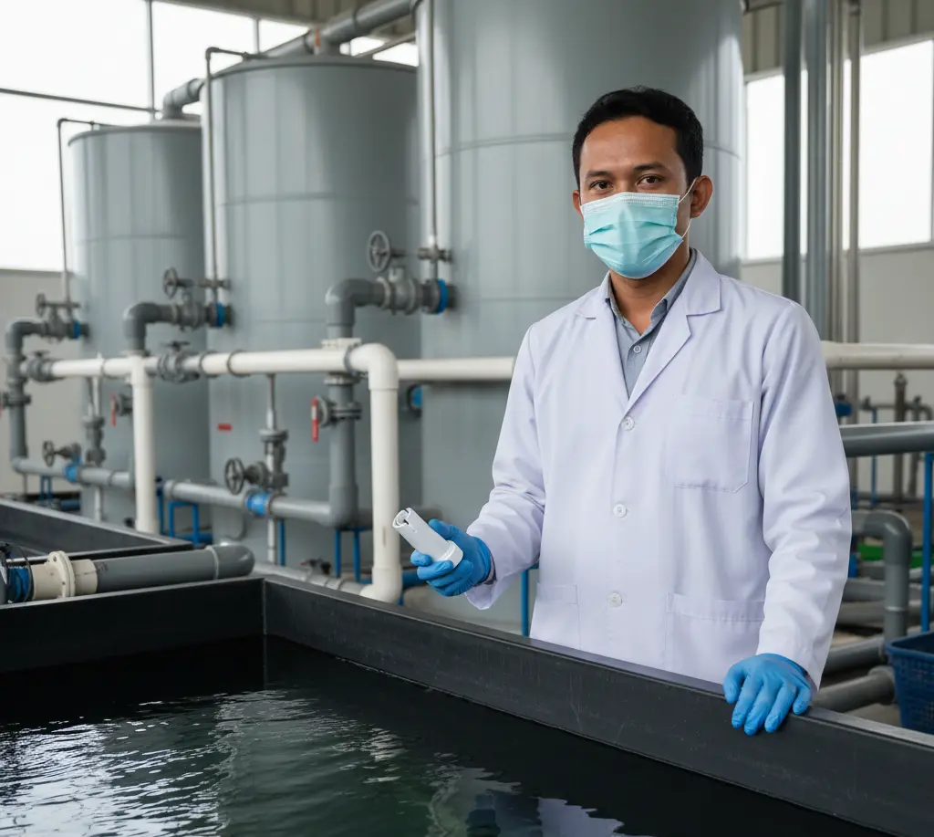 Teknisi Indonesia sedang mengukur konduktivitas air limbah menggunakan ECscan30 dengan elektroda E-ECSCAN-C1-10K di instalasi pengolahan air, sebagai ilustrasi penggunaan elektroda konduktivitas presisi untuk kontrol kualitas air industri.