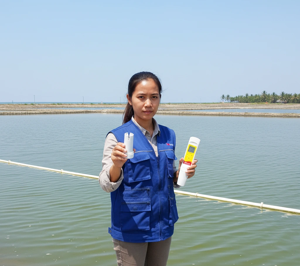 Teknisi Indonesia mengukur salinitas air tambak udang menggunakan SALscan20 dengan elektroda E-ECSCAN-C10-10K di tepi kolam.