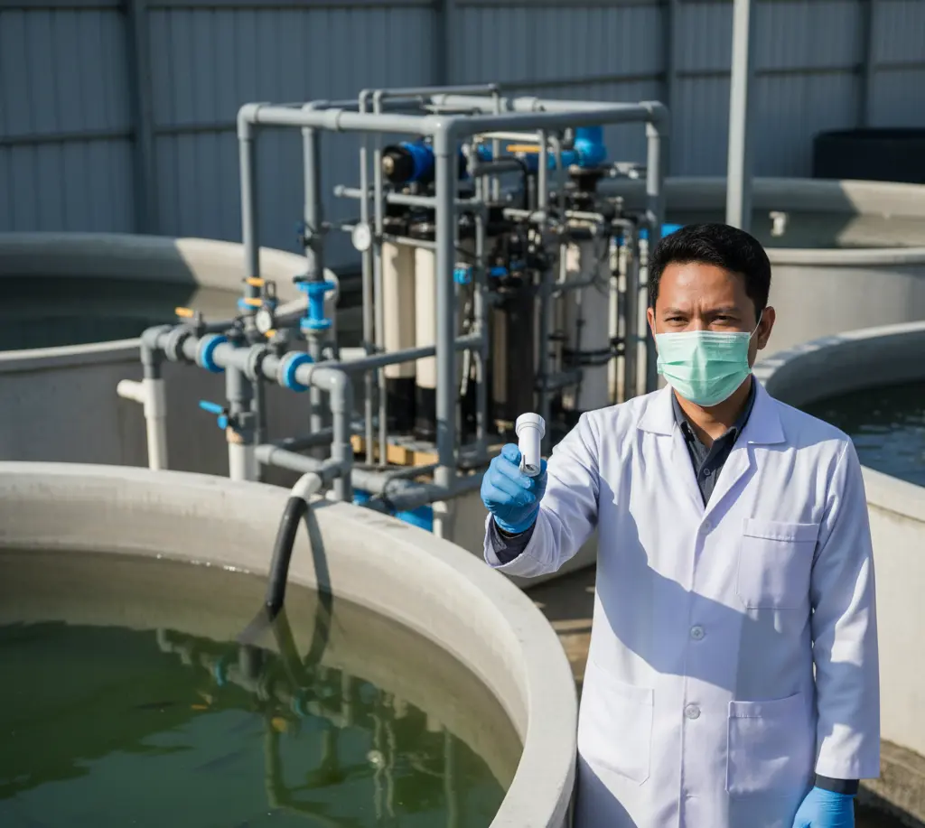 Teknisi laboratorium Indonesia mengukur konduktivitas air kolam ikan menggunakan meter ECscan10 dengan elektroda E-ECscan-C1-100K.