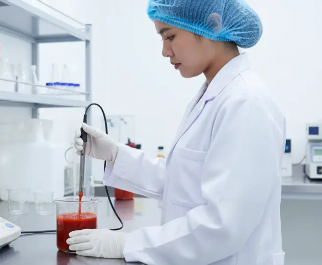 Teknisi laboratorium Indonesia sedang menggunakan elektroda pH flat-surface E202-BNC untuk mengukur pH saus sambal kental di laboratorium QA/QC pabrik makanan.