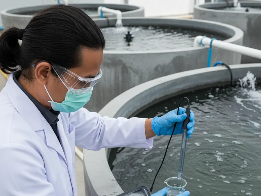 Seorang teknisi laboratorium Indonesia sedang mengukur pH air kolam ikan menggunakan pH meter portable yang terhubung dengan elektroda pH E203-BNC, dengan latar belakang beberapa kolam budidaya dan aerator yang menunjukkan aplikasi lapangan untuk pemantauan kualitas air.