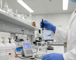 Seorang operator laboratorium Indonesia sedang menggunakan elektroda pH E65-1-BNC untuk mengukur pH sampel di atas meja kerja.