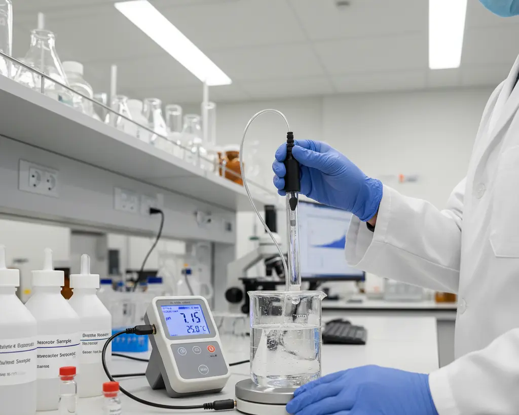 Seorang operator laboratorium Indonesia sedang menggunakan elektroda pH E65-1-BNC untuk mengukur pH sampel di atas meja kerja.