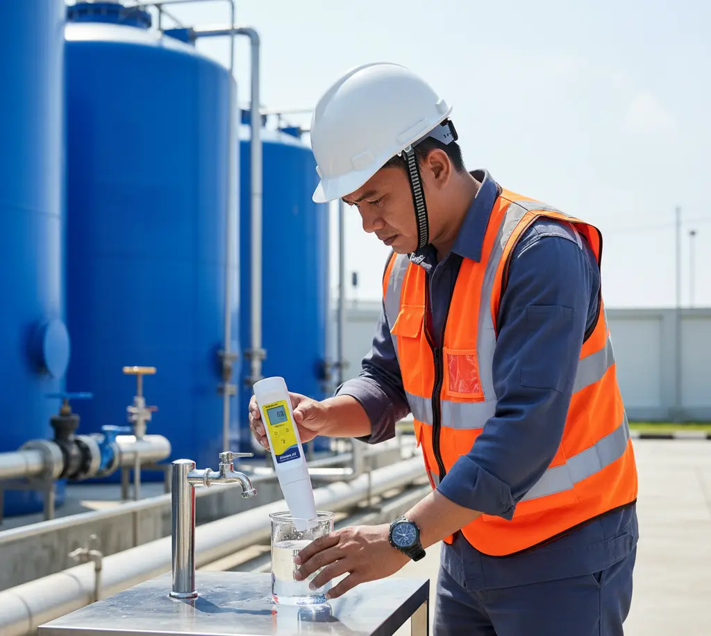 Teknisi Indonesia sedang mengukur konduktivitas air RO menggunakan ECscan10L pocket conductivity tester di instalasi pengolahan air minum.