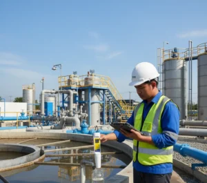 Operator Indonesia sedang mengukur konduktivitas air menggunakan ECscan10M Pocket Conductivity Tester di area instalasi pengolahan air minum dengan latar belakang tangki dan pipa.