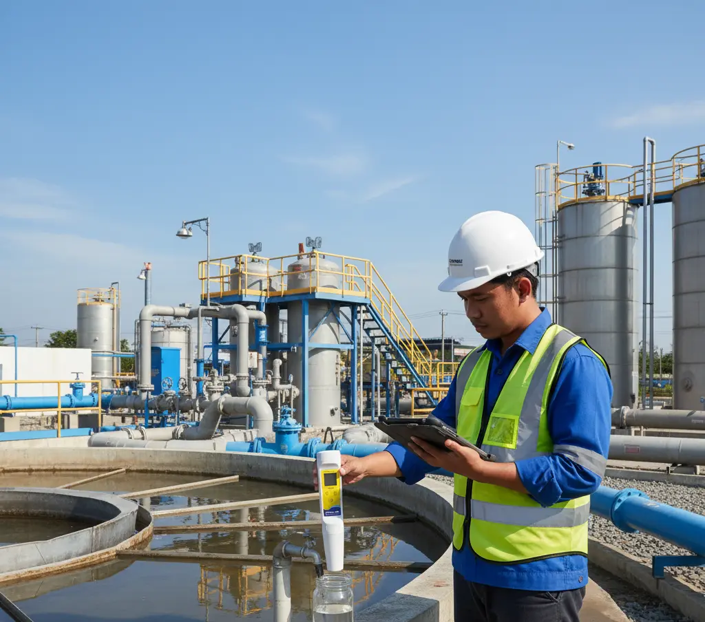 Operator Indonesia sedang mengukur konduktivitas air menggunakan ECscan10M Pocket Conductivity Tester di area instalasi pengolahan air minum dengan latar belakang tangki dan pipa.
