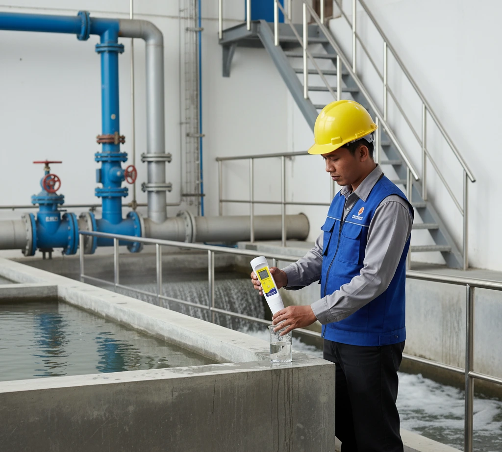 Teknisi Indonesia sedang mengukur konduktivitas sampel air di instalasi pengolahan air minum menggunakan ECscan20 Pocket Conductivity Tester portabel berwarna kuning-putih.