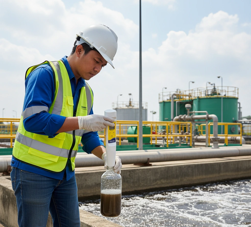 Teknisi Indonesia memeriksa kualitas air limbah dengan ECscan30 pocket conductivity/TDS tester di tepi bak pengolahan.