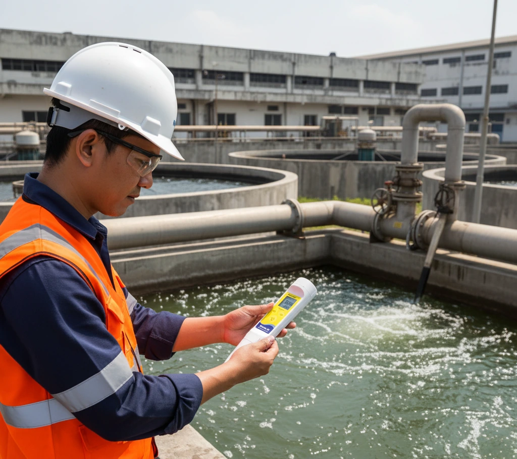 Teknisi Indonesia mengukur konduktivitas dan salinitas air limbah industri menggunakan ECscan40 Pocket Conductivity/TDS/Salinity Tester di tepi bak pengolahan air.