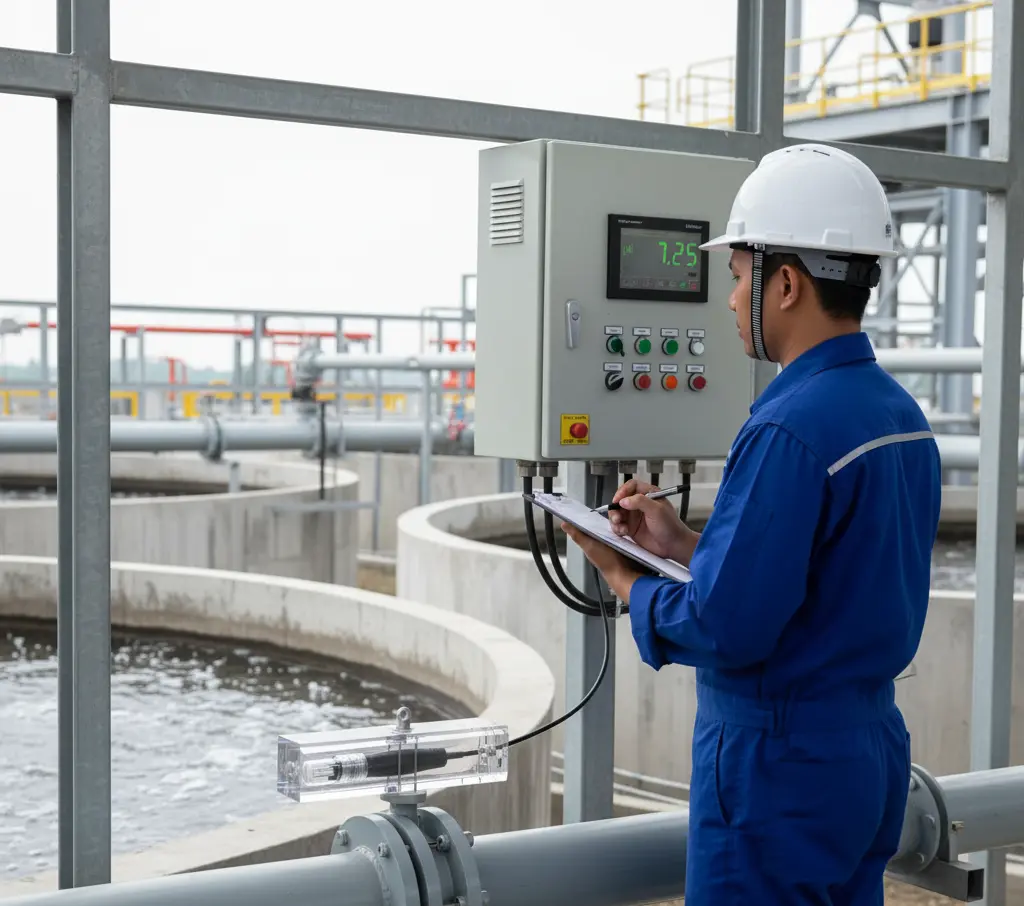 Teknisi Indonesia di instalasi pengolahan air limbah sedang memeriksa panel kontrol pH, dengan elektroda IE-20T terpasang pada flow cell di pipa proses, menggambarkan pemantauan pH industri yang berlangsung secara kontinu untuk menjaga kualitas effluent.