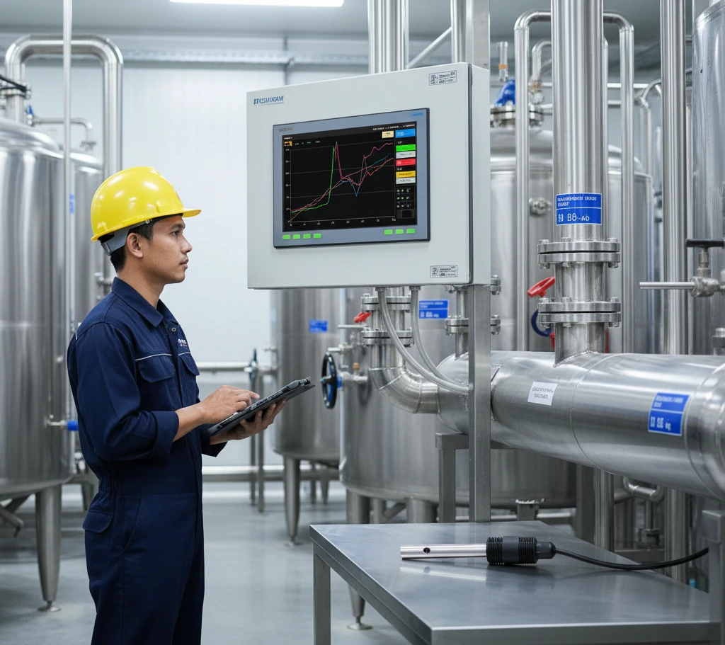 Operator Indonesia memeriksa panel kontrol sambil memantau sensor konduktivitas IE-50HT yang terpasang di pipa stainless steel instalasi pengolahan air limbah industri minuman.