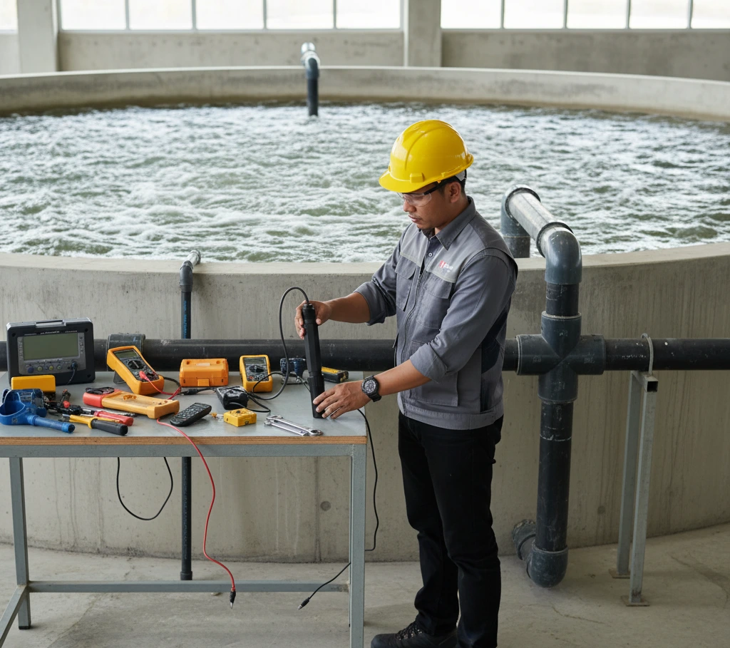 Teknisi Indonesia memeriksa elektroda dissolved oxygen IE-80T yang terpasang pada pipa di instalasi pengolahan air limbah industri dengan latar bak aerasi berbuih, menggambarkan pemantauan DO kontinu di proses air.
