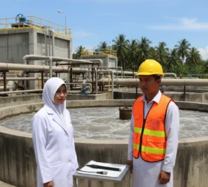 Teknisi laboratorium Indonesia mengukur konsentrasi ion perak dengan elektroda ISE-Ag pada sampel air limbah industri menggunakan ion meter portabel di instalasi pengolahan air.