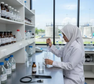 Teknisi laboratorium Indonesia mengukur ion bromida dengan ISE-Br Bromide Electrode yang terhubung ke ion meter di laboratorium pengolahan air