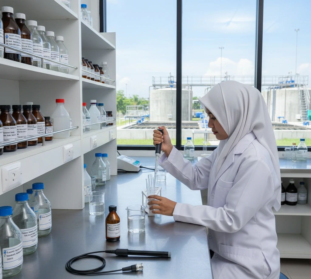 Teknisi laboratorium Indonesia mengukur ion bromida dengan ISE-Br Bromide Electrode yang terhubung ke ion meter di laboratorium pengolahan air